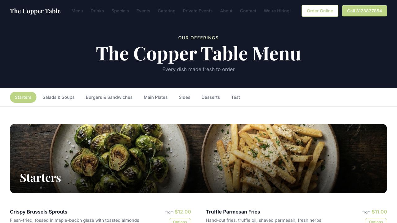 The Copper Table demo menu with dishes and ordering options
