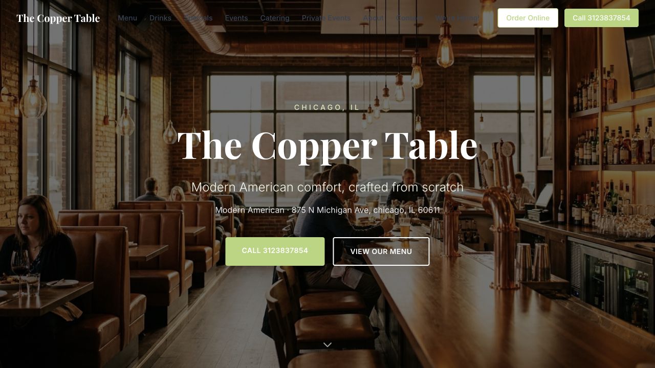 Restaurant website example from The Copper Table demo